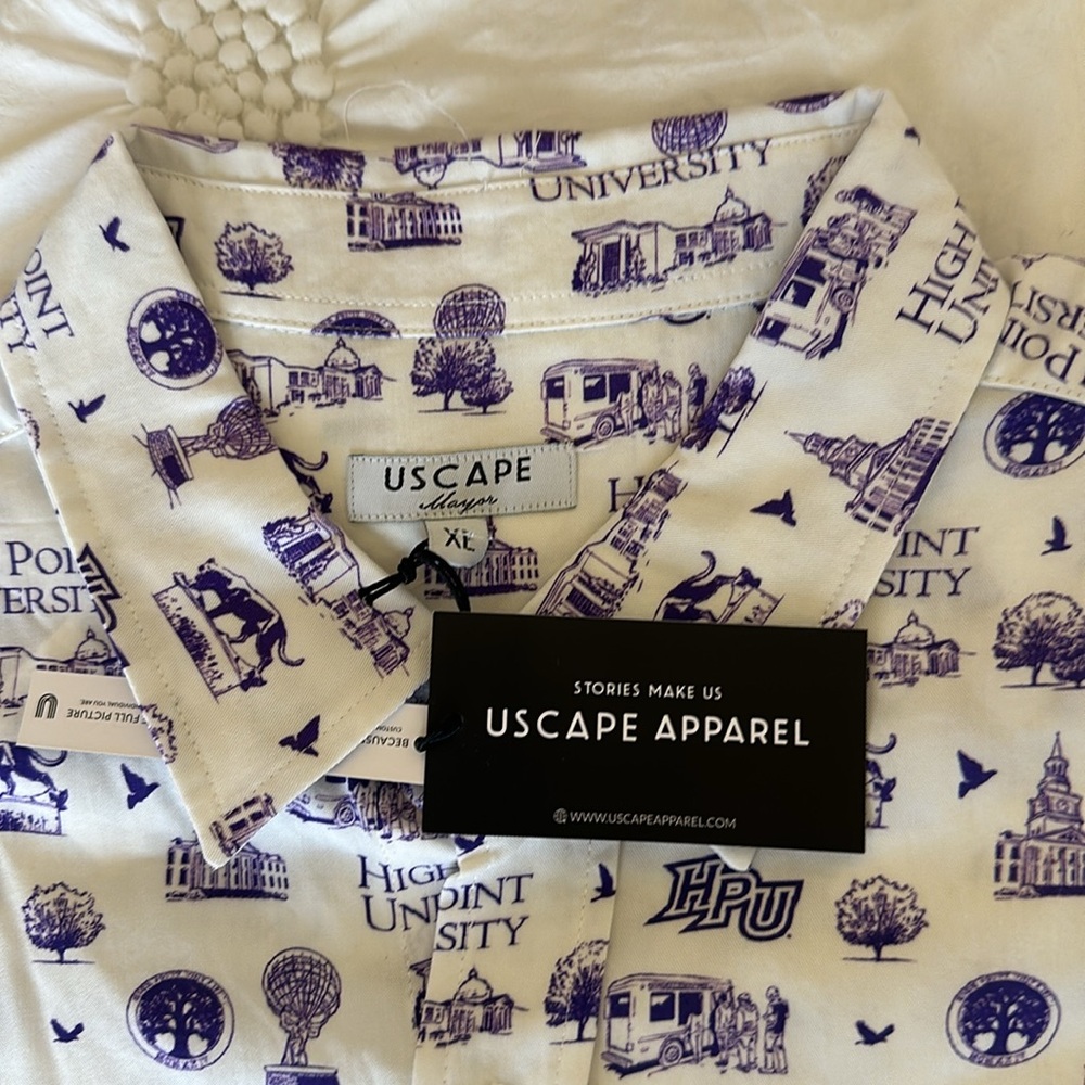 ✅NWT USCAPE brand HIGH POINT UNIVERSITY Purple & White Graphic Button Shirt. XL